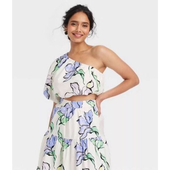 A New Day Women's Size Large One Shoulder Crop Blouse White Floral S Small NWT - Picture 1 of 2